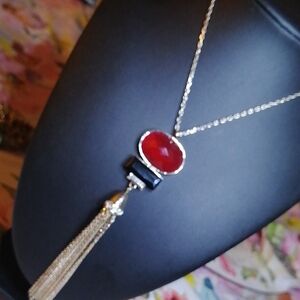 Elegant Red and Black Pendant Sparkling Crystals Tassels Necklace 28" Long